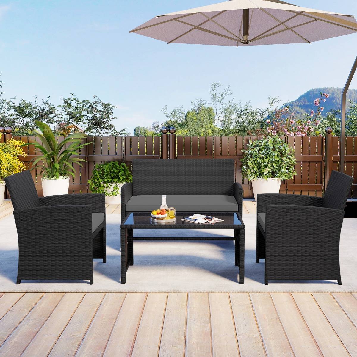 Ensemble de Salon de Jardin en Rotin PE 4 Pièces Canapé 2 Places en Osier avec Fauteuils et Table Basse en Verre Trempé Gris MAISON CHIC - Image 5