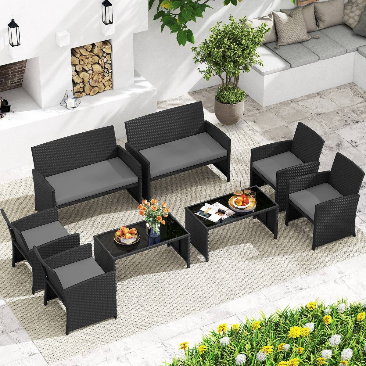 Ensemble de Salon de Jardin en Rotin PE 4 Pièces Canapé 2 Places en Osier avec Fauteuils et Table Basse en Verre Trempé Gris MAISON CHIC - Image 7