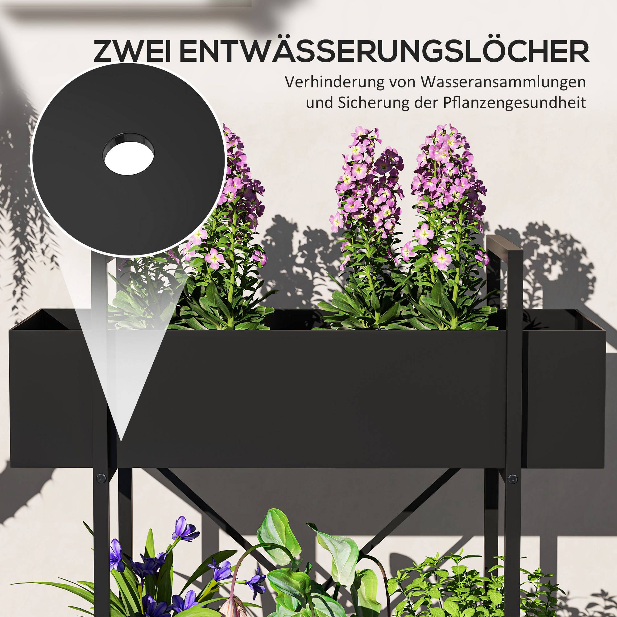 Étagère porte-plantes métal 2 niveaux balcon terrasse trous drainage 60x25x70cm noir - ComfortXL Outdoor Living - Image 7