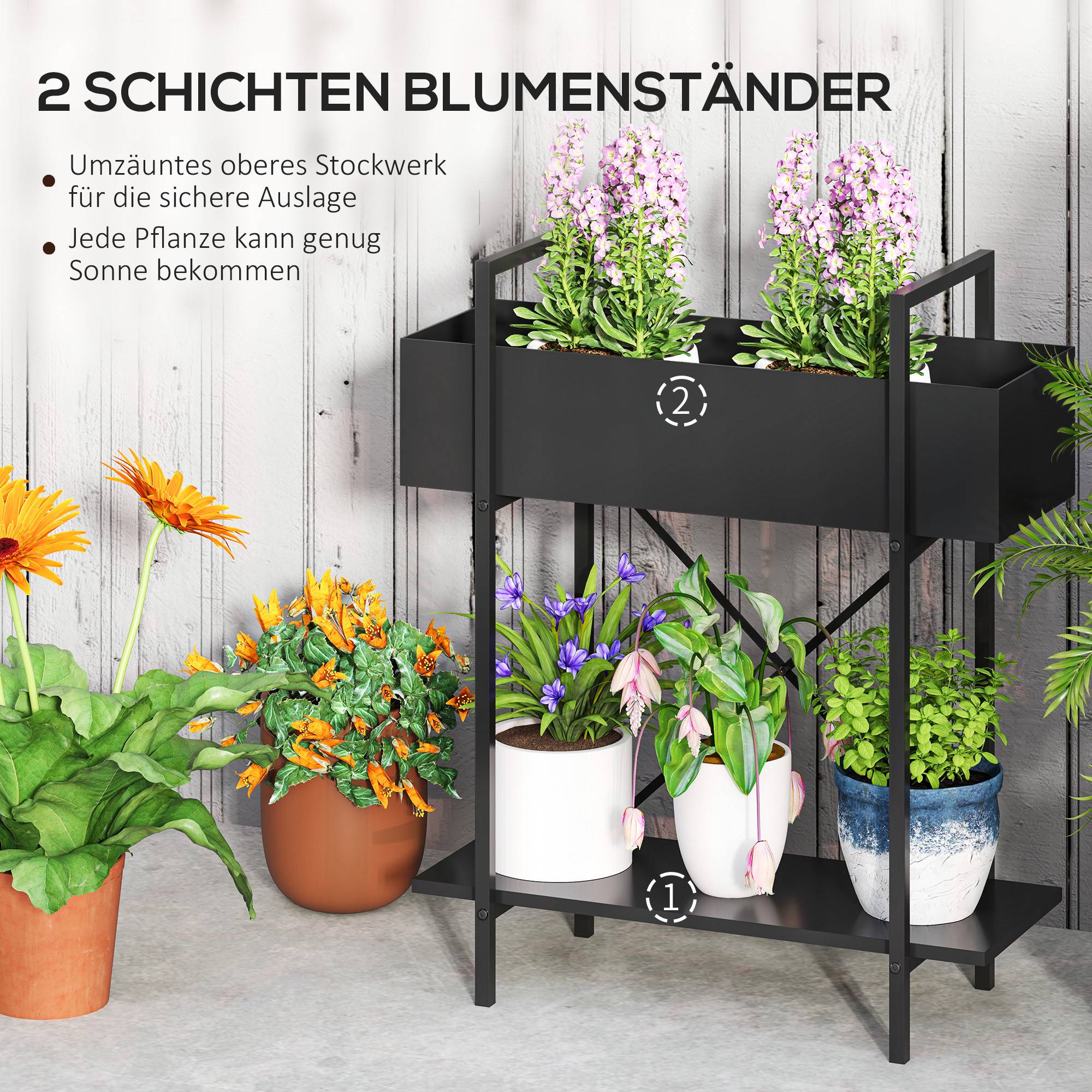 Étagère porte-plantes métal 2 niveaux balcon terrasse trous drainage 60x25x70cm noir - ComfortXL Outdoor Living - Image 6