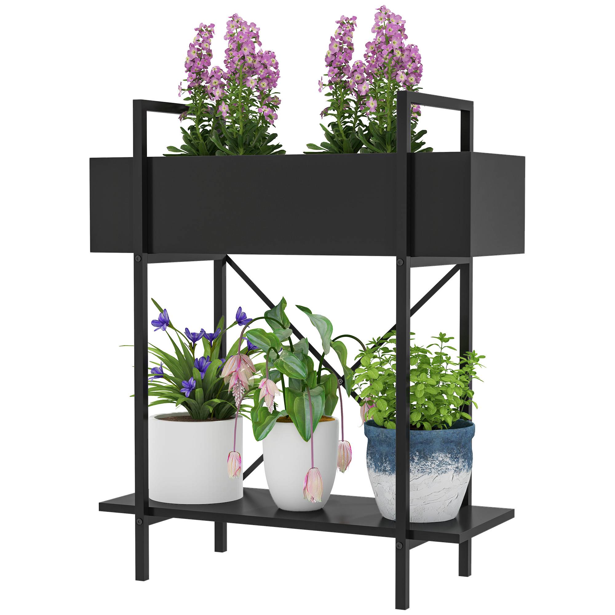 Étagère porte-plantes métal 2 niveaux balcon terrasse trous drainage 60x25x70cm noir - ComfortXL Outdoor Living - Image 2