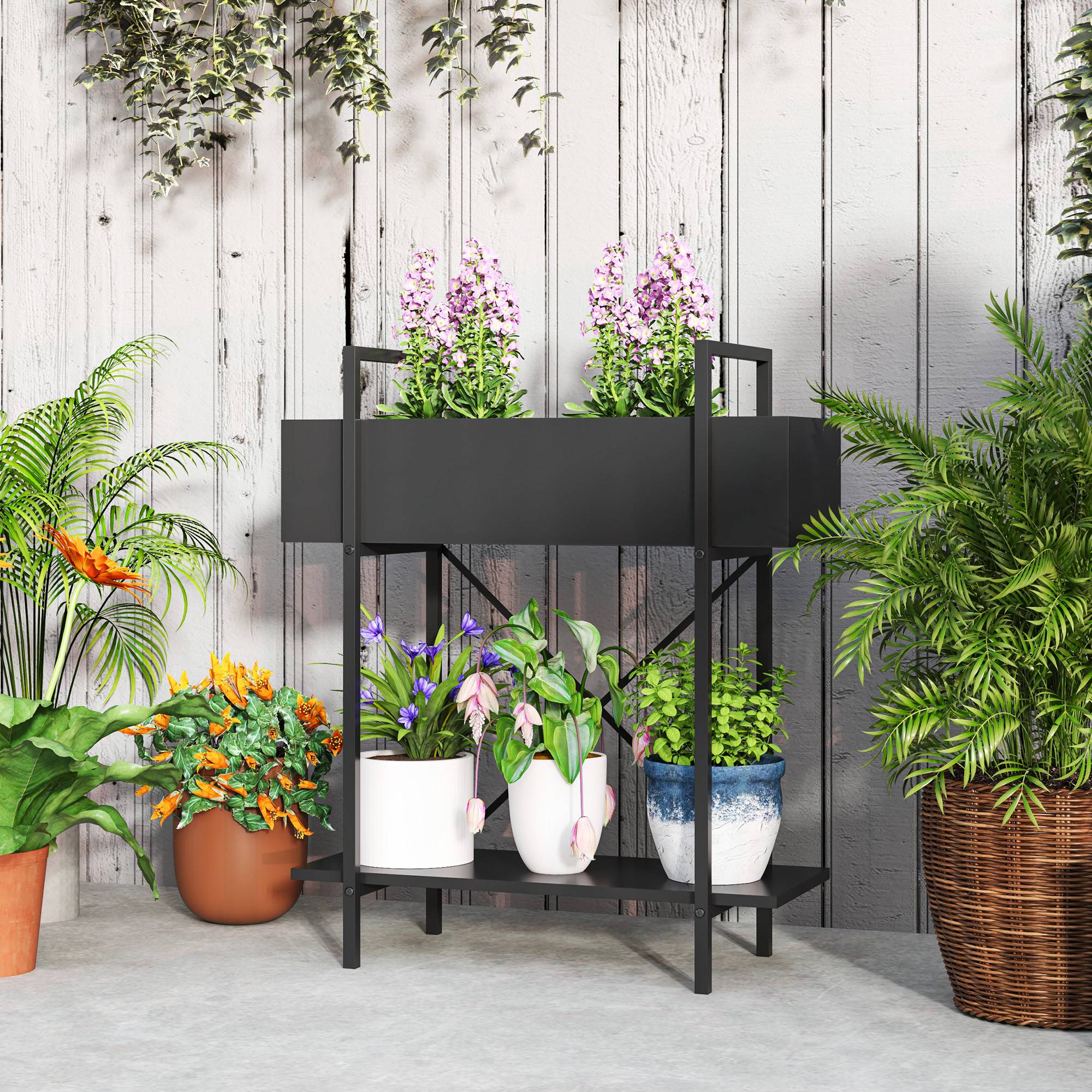 Étagère porte-plantes métal 2 niveaux balcon terrasse trous drainage 60x25x70cm noir - ComfortXL Outdoor Living - Image 4