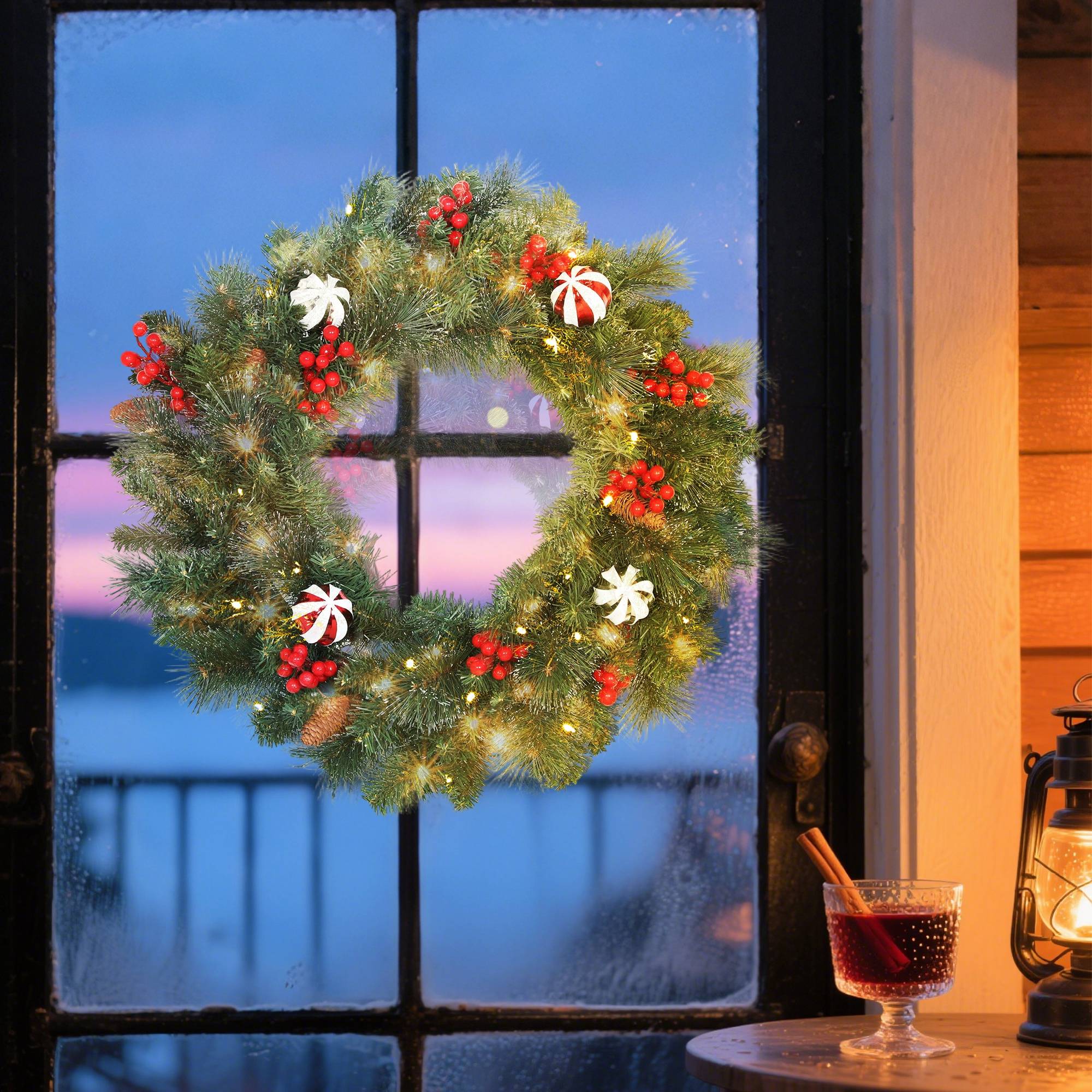 Sans Marque - Couronne de Noël lumineuse 60 cm avec 50 LED, minuterie, 146 pointes, pommes de pin, baies, boules décoratives, vert - Image 4