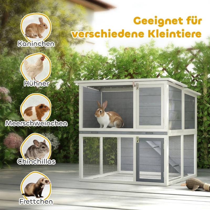 Clapier extérieur 2 étages en bois pour lapins avec enclos 98x95x102cm gris - ComfortXL Outdoor Living - Image 8