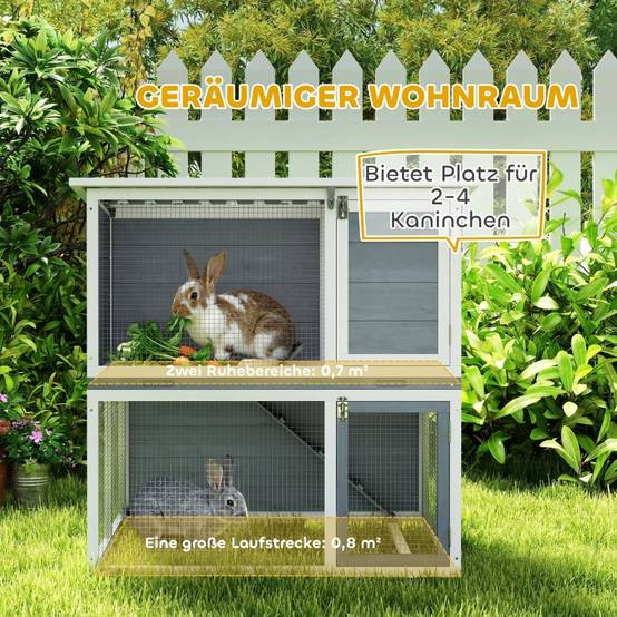 Clapier extérieur 2 étages en bois pour lapins avec enclos 98x95x102cm gris - ComfortXL Outdoor Living - Image 4