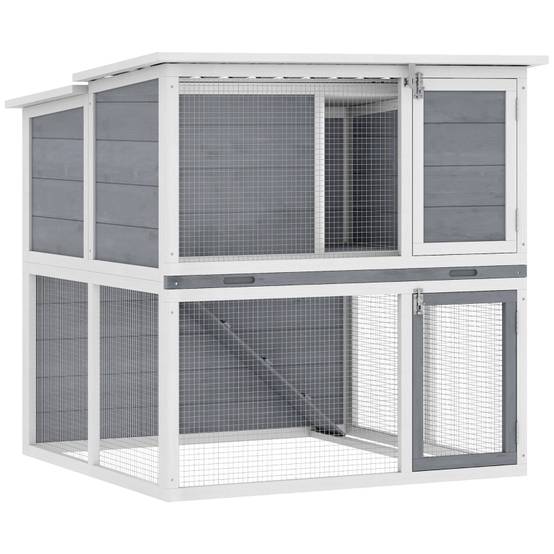 Clapier extérieur 2 étages en bois pour lapins avec enclos 98x95x102cm gris - ComfortXL Outdoor Living - Image 2