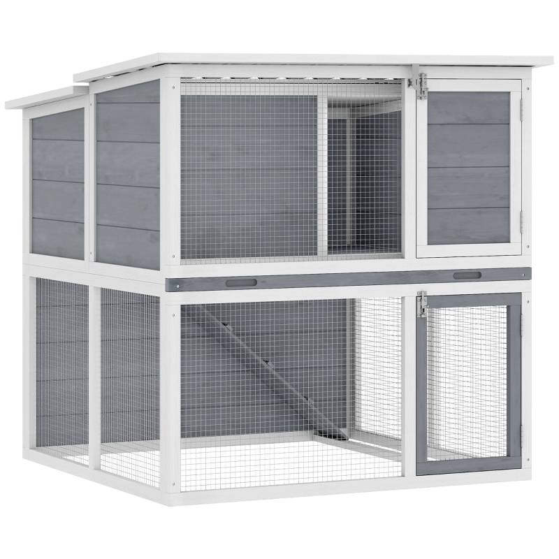 Clapier extérieur 2 étages en bois pour lapins avec enclos 98x95x102cm gris - ComfortXL Outdoor Living - Image 2