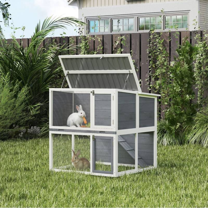 Clapier extérieur 2 étages en bois pour lapins avec enclos 98x95x102cm gris - ComfortXL Outdoor Living - Image 1