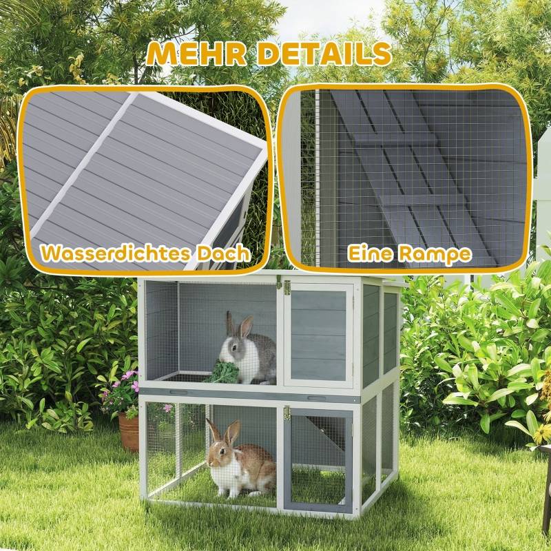 Clapier extérieur 2 étages en bois pour lapins avec enclos 98x95x102cm gris - ComfortXL Outdoor Living - Image 7