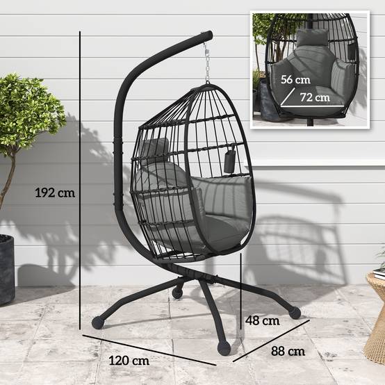 Fauteuil à bascule suspendu d’extérieur avec siège en osier pliant et coussins épais, pied, appuie-tête, porte-gobelet, noir - Image 3