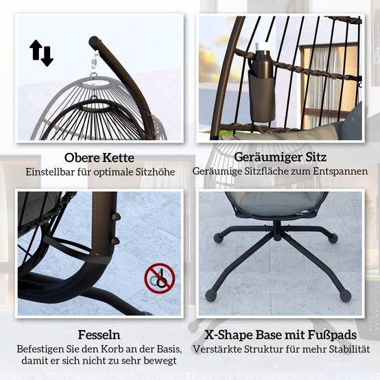 Fauteuil à bascule suspendu d’extérieur avec siège en osier pliant et coussins épais, pied, appuie-tête, porte-gobelet, noir - Image 7