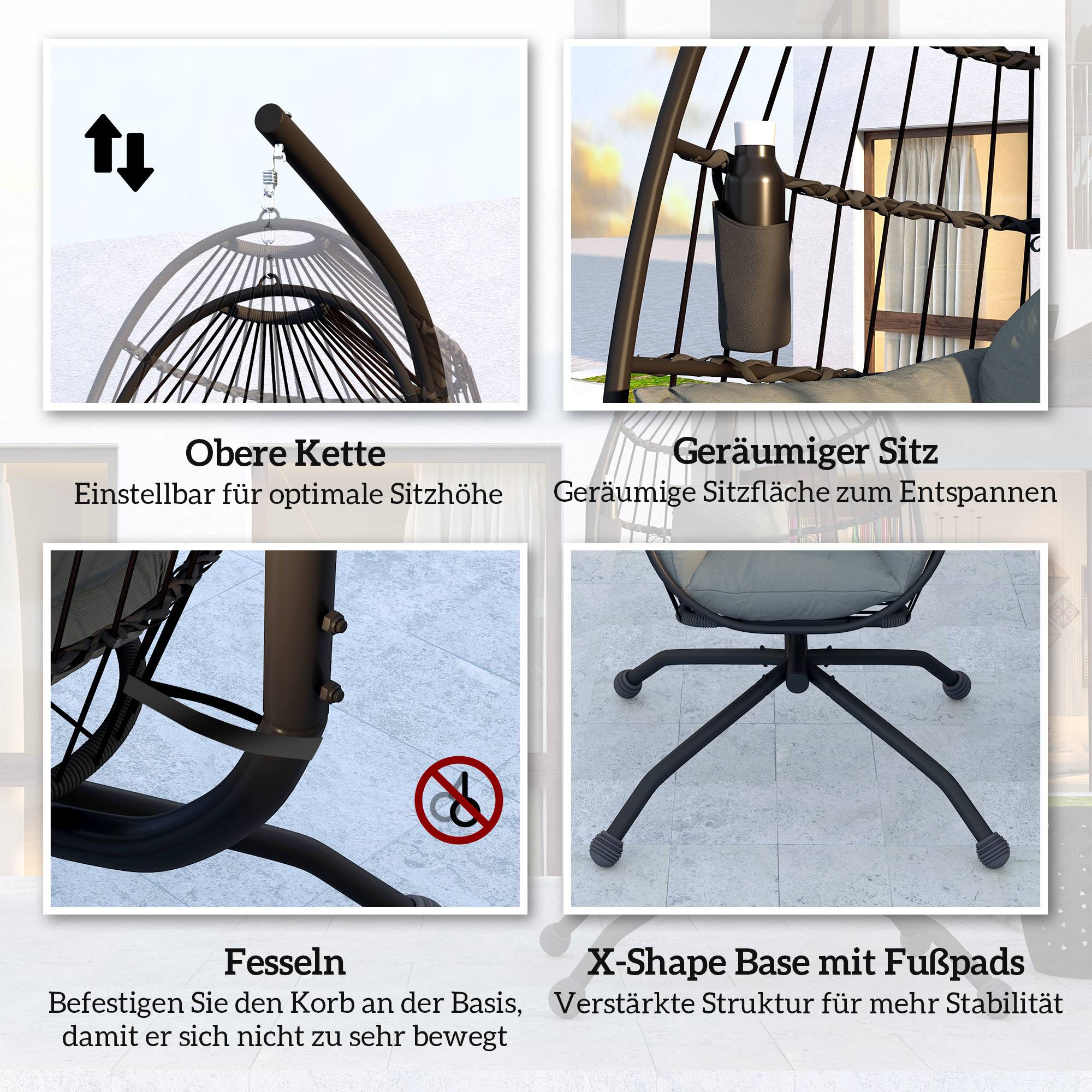 Fauteuil à bascule suspendu d’extérieur avec siège en osier pliant et coussins épais, pied, appuie-tête, porte-gobelet, noir - Image 7