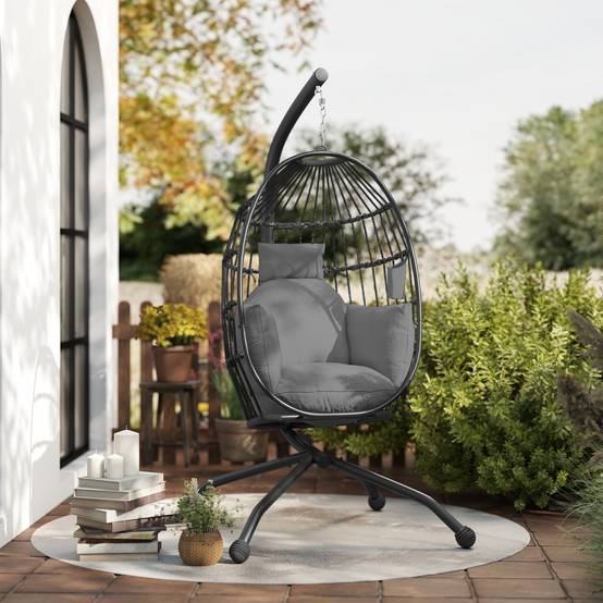 Fauteuil à bascule suspendu d’extérieur avec siège en osier pliant et coussins épais, pied, appuie-tête, porte-gobelet, noir - Image 9