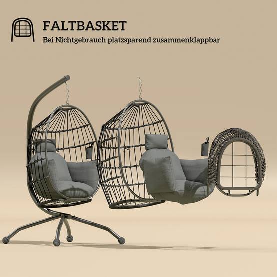 Fauteuil à bascule suspendu d’extérieur avec siège en osier pliant et coussins épais, pied, appuie-tête, porte-gobelet, noir - Image 5