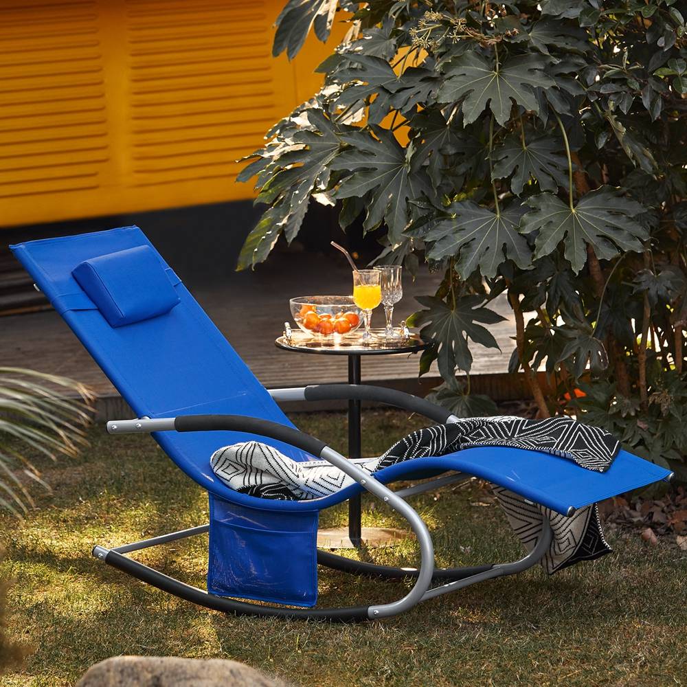 Bain de Soleil Transat de Jardin avec Appui-tête et Pochette latérale et Repose-Pieds Bleu Royal L.150 x l.63 x H.83 cm SoBuy - Imagen 10