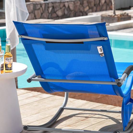 Bain de Soleil Transat de Jardin avec Appui-tête et Pochette latérale et Repose-Pieds Bleu Royal L.150 x l.63 x H.83 cm SoBuy - Image 7