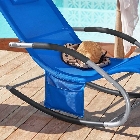 Bain de Soleil Transat de Jardin avec Appui-tête et Pochette latérale et Repose-Pieds Bleu Royal L.150 x l.63 x H.83 cm SoBuy - Image 5