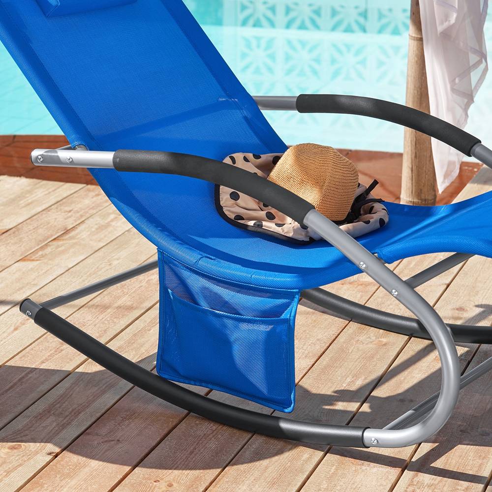 Bain de Soleil Transat de Jardin avec Appui-tête et Pochette latérale et Repose-Pieds Bleu Royal L.150 x l.63 x H.83 cm SoBuy - Imagen 5