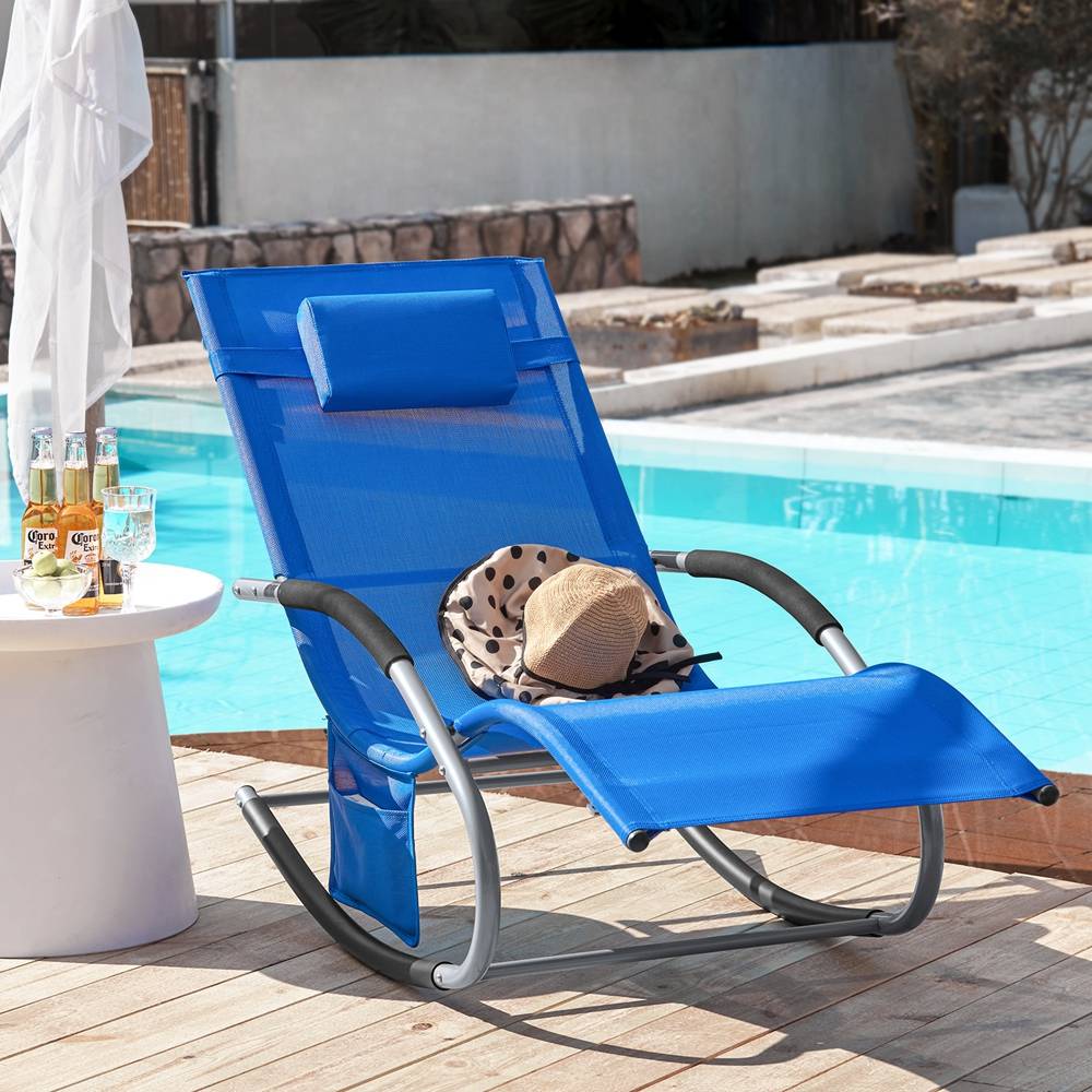 Bain de Soleil Transat de Jardin avec Appui-tête et Pochette latérale et Repose-Pieds Bleu Royal L.150 x l.63 x H.83 cm SoBuy - Imagen 2
