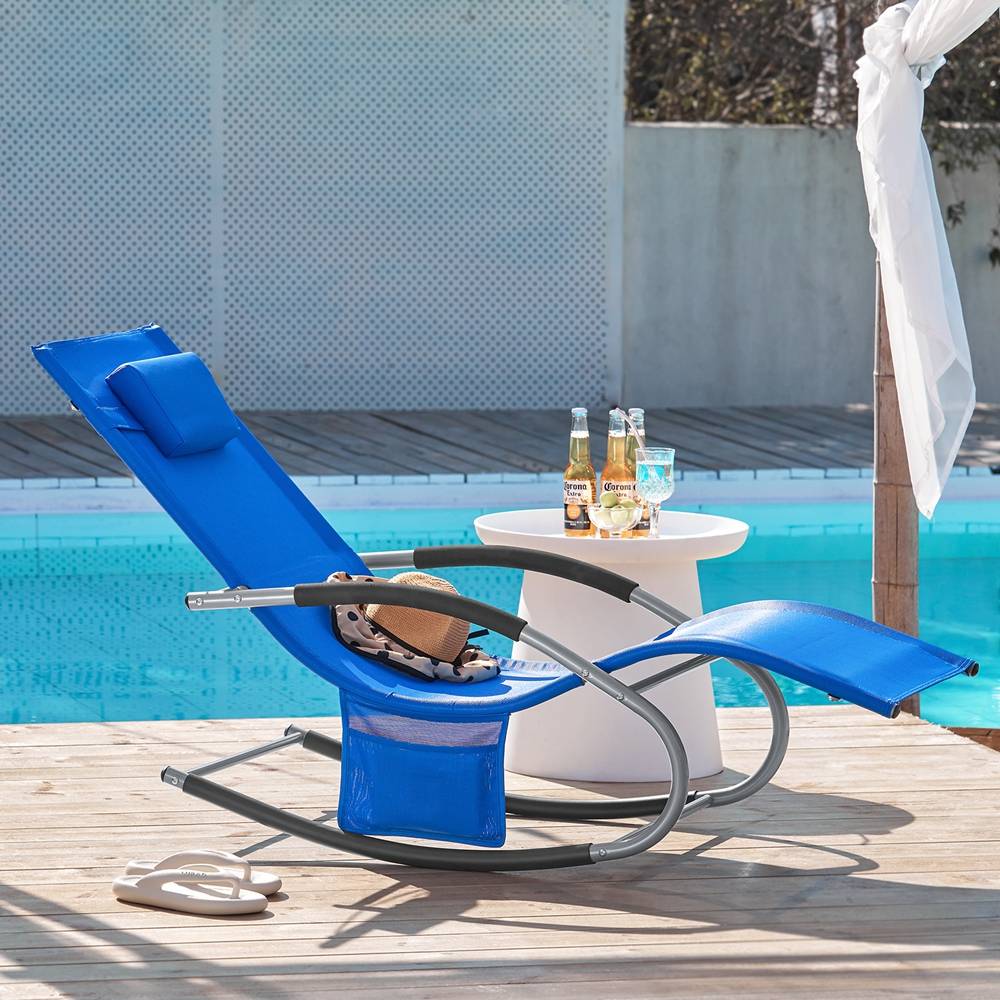 Bain de Soleil Transat de Jardin avec Appui-tête et Pochette latérale et Repose-Pieds Bleu Royal L.150 x l.63 x H.83 cm SoBuy - Imagen 8