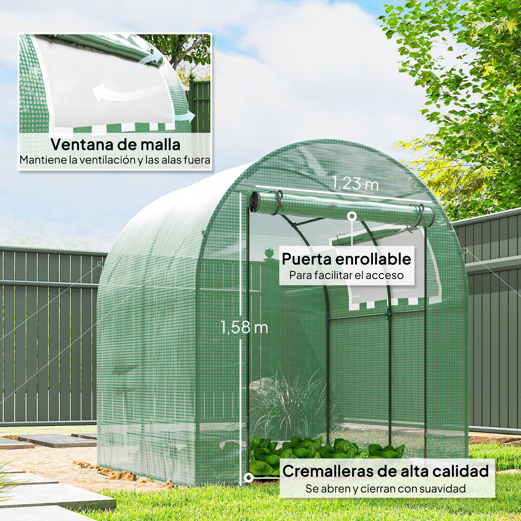 Serre de jardin 180x180x200 cm, petite serre tunnel avec porte enroulable et fenêtre en filet vert - Image 8