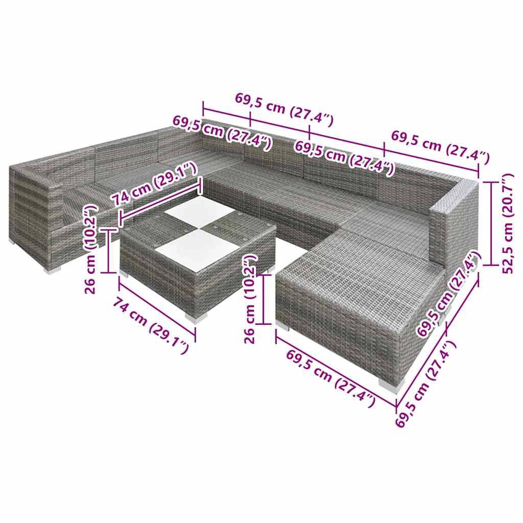 Vidaxl - Salon de jardin 8 pcs avec coussins Résine tressée Gris vidaXL 42738 - Imagen 3