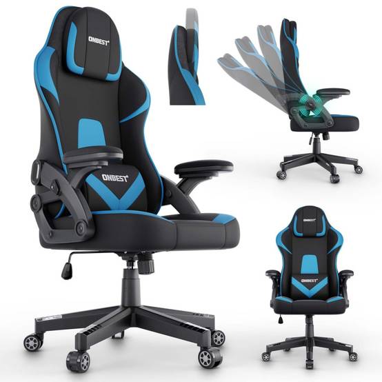 Chaise de bureau gaming Bleu ergonomique coussin réglable 150kg Roulettes universelles pivotant - Image 6