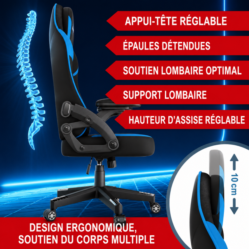 Chaise de bureau gaming Bleu ergonomique coussin réglable 150kg  Roulettes universelles pivotant - Image 4