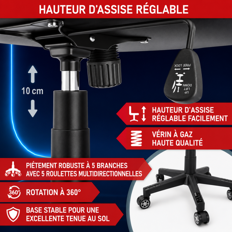Chaise de bureau gaming Bleu ergonomique coussin réglable 150kg  Roulettes universelles pivotant - Image 3