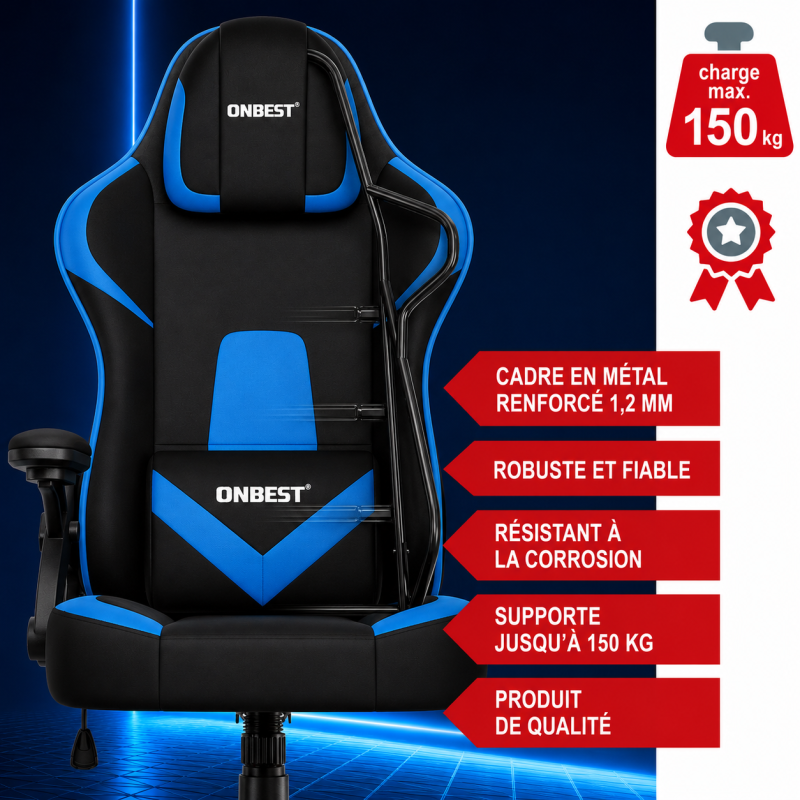 Chaise de bureau gaming Bleu ergonomique coussin réglable 150kg  Roulettes universelles pivotant - Image 5
