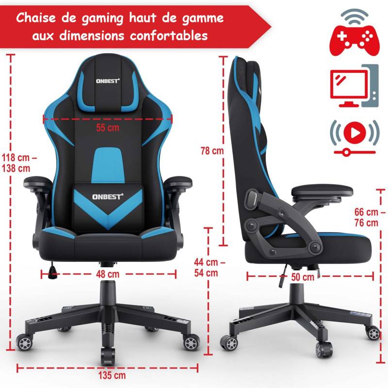 Chaise de bureau gaming Bleu ergonomique coussin réglable 150kg  Roulettes universelles pivotant - Image 2