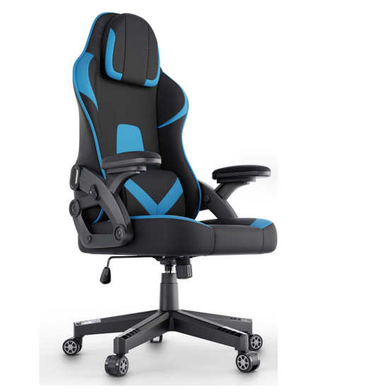 Chaise de bureau gaming Bleu ergonomique coussin réglable 150kg Roulettes universelles pivotant - Image 1