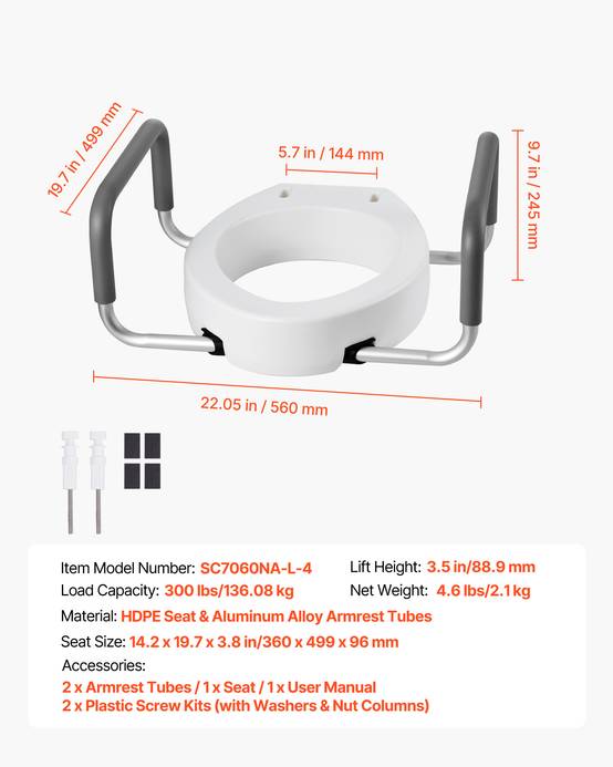 Vevor - VEVOR Rehausseur de toilette avec accoudoirs rembourrés, +8,89 cm, capacité 136 kg, siège PEHD, cadre aluminium, compatible toilettes allongées. - Image 6