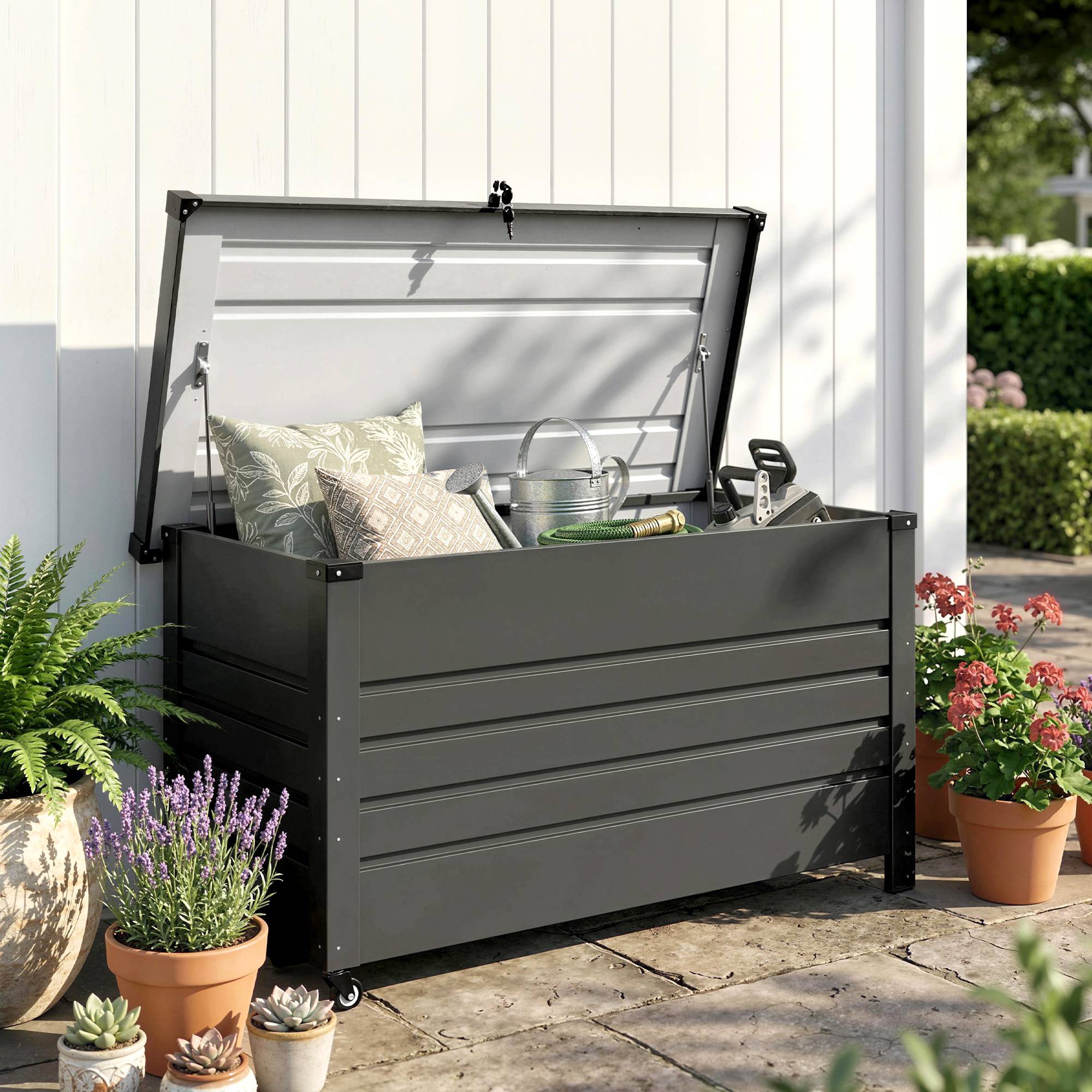 Grande malle de jardin 350L acier gris terrasse outils piscine 120x61x67cm - ComfortXL Outdoor Living - Image 3