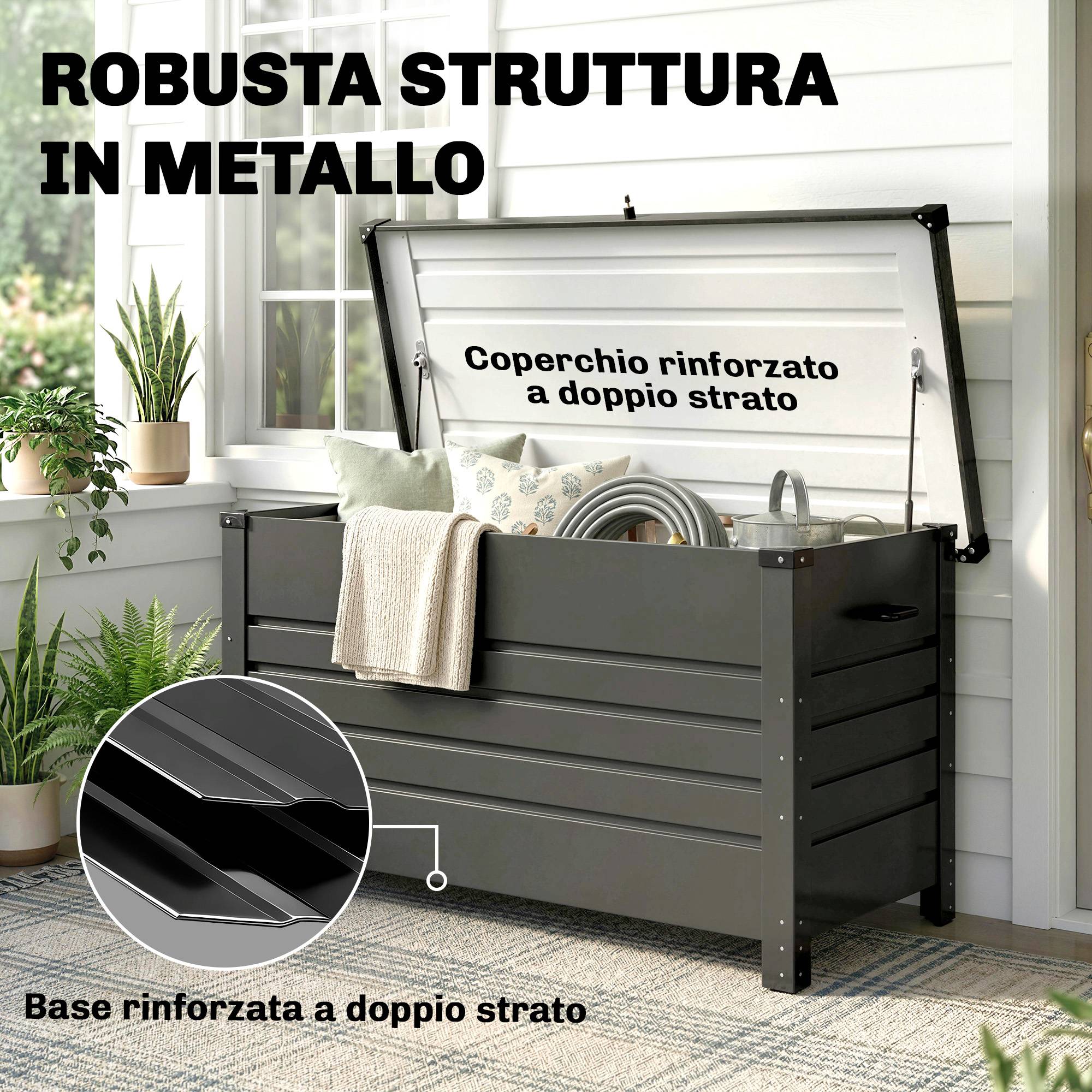 Grande malle de jardin 350L acier gris terrasse outils piscine 120x61x67cm - ComfortXL Outdoor Living - Image 7