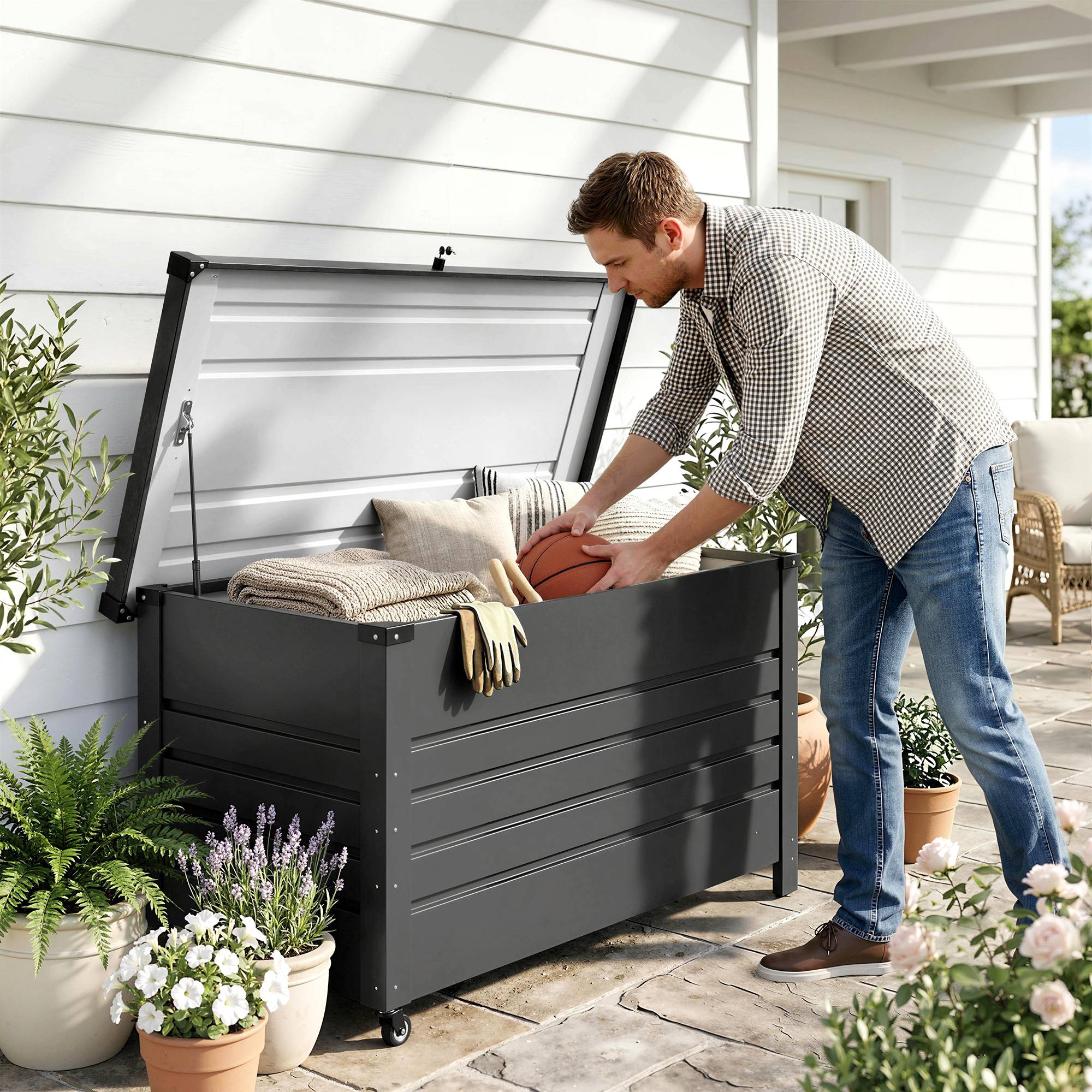 Grande malle de jardin 350L acier gris terrasse outils piscine 120x61x67cm - ComfortXL Outdoor Living - Image 4