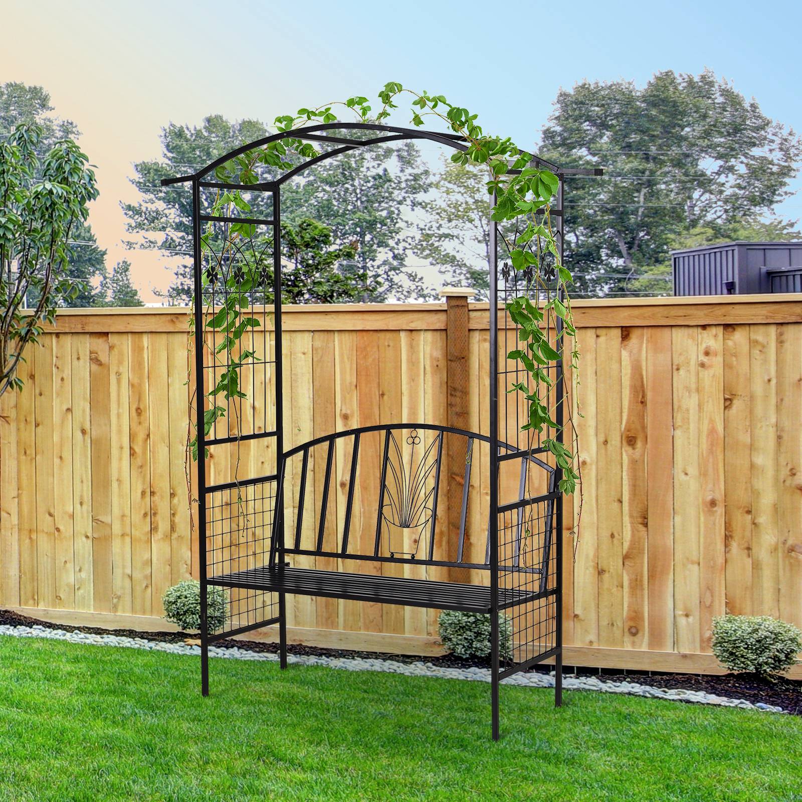 ComfortXL - Banc arche de jardin métal noir 154 x 60 x 205 cm treillis plantes grimpantes extérieur assise 2 places - Image 1