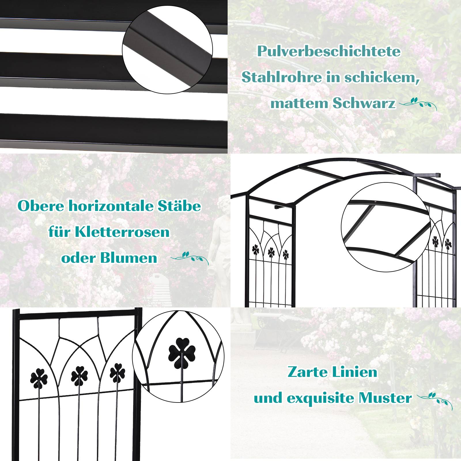 ComfortXL - Banc arche de jardin métal noir 154 x 60 x 205 cm treillis plantes grimpantes extérieur assise 2 places - Image 4