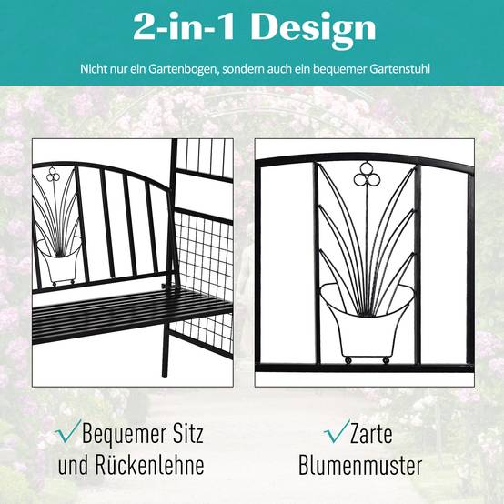 ComfortXL - Banc arche de jardin métal noir 154 x 60 x 205 cm treillis plantes grimpantes extérieur assise 2 places - Image 7