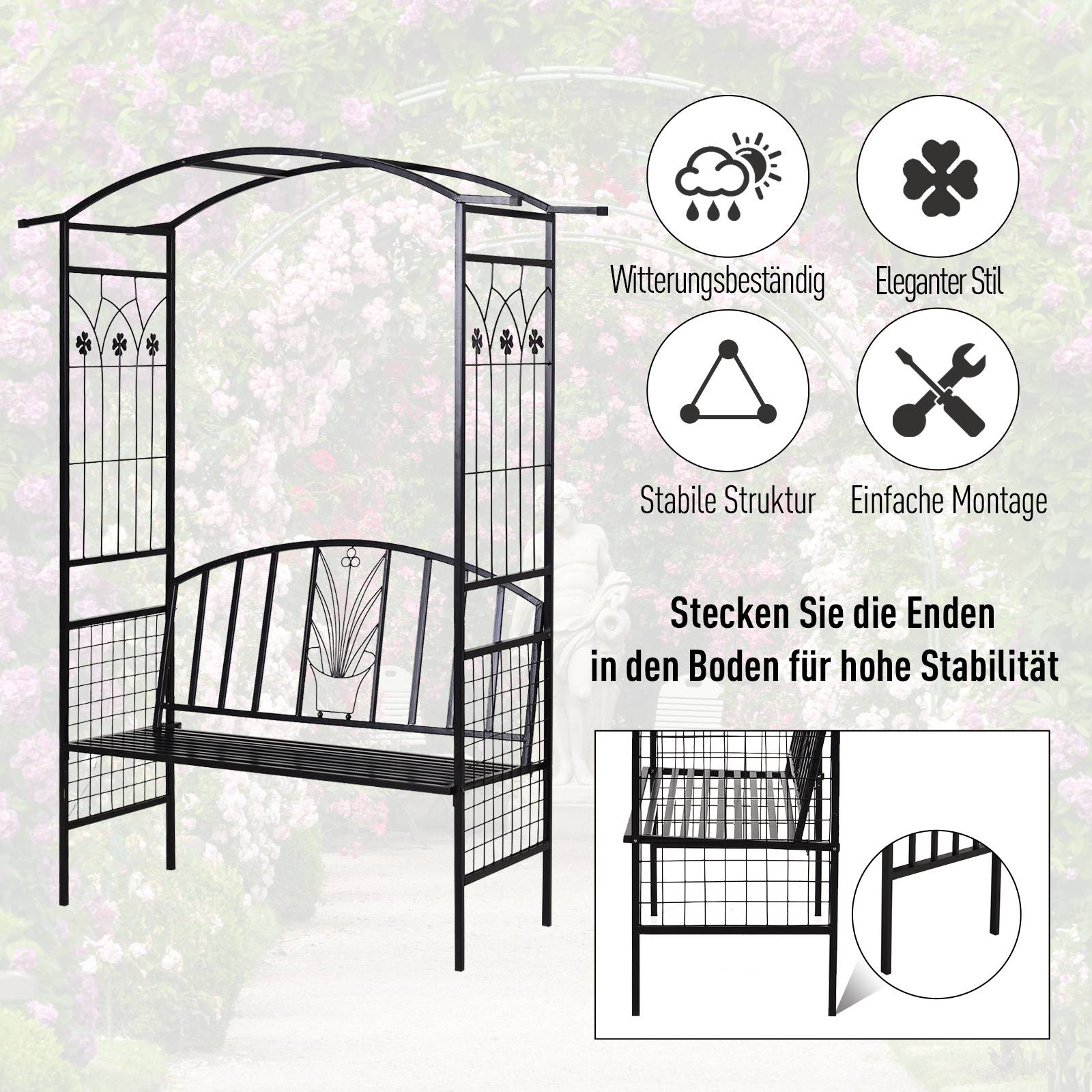ComfortXL - Banc arche de jardin métal noir 154 x 60 x 205 cm treillis plantes grimpantes extérieur assise 2 places - Image 5