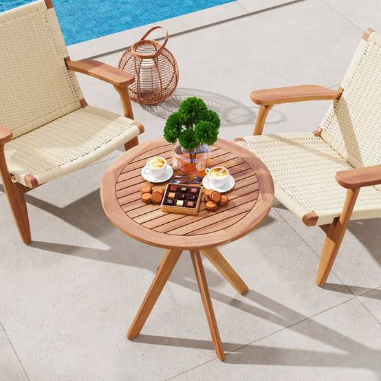 Table Basse de Jardin en Bois d'Acacia Plateau à Lattes Base en Croix Charge 50KG Table d‘Extérieure Ronde en Bois F227R - Image 3