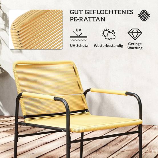 Ensemble bistro rotin 3 pièces : 2 fauteuils + table 54x66x76 cm, jaune, design jardin - Image 5