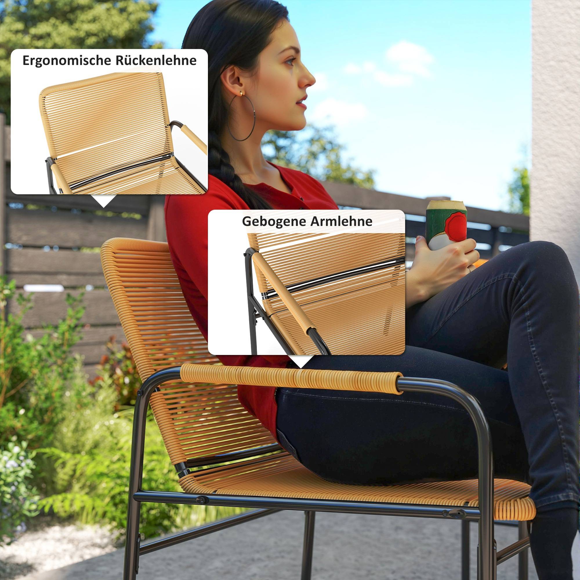 Ensemble bistro rotin 3 pièces : 2 fauteuils + table 54x66x76 cm, jaune, design jardin - Image 6
