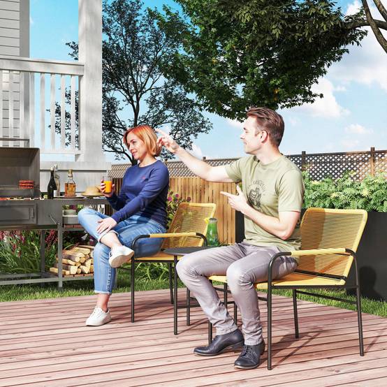 Ensemble bistro rotin 3 pièces : 2 fauteuils + table 54x66x76 cm, jaune, design jardin - Image 2