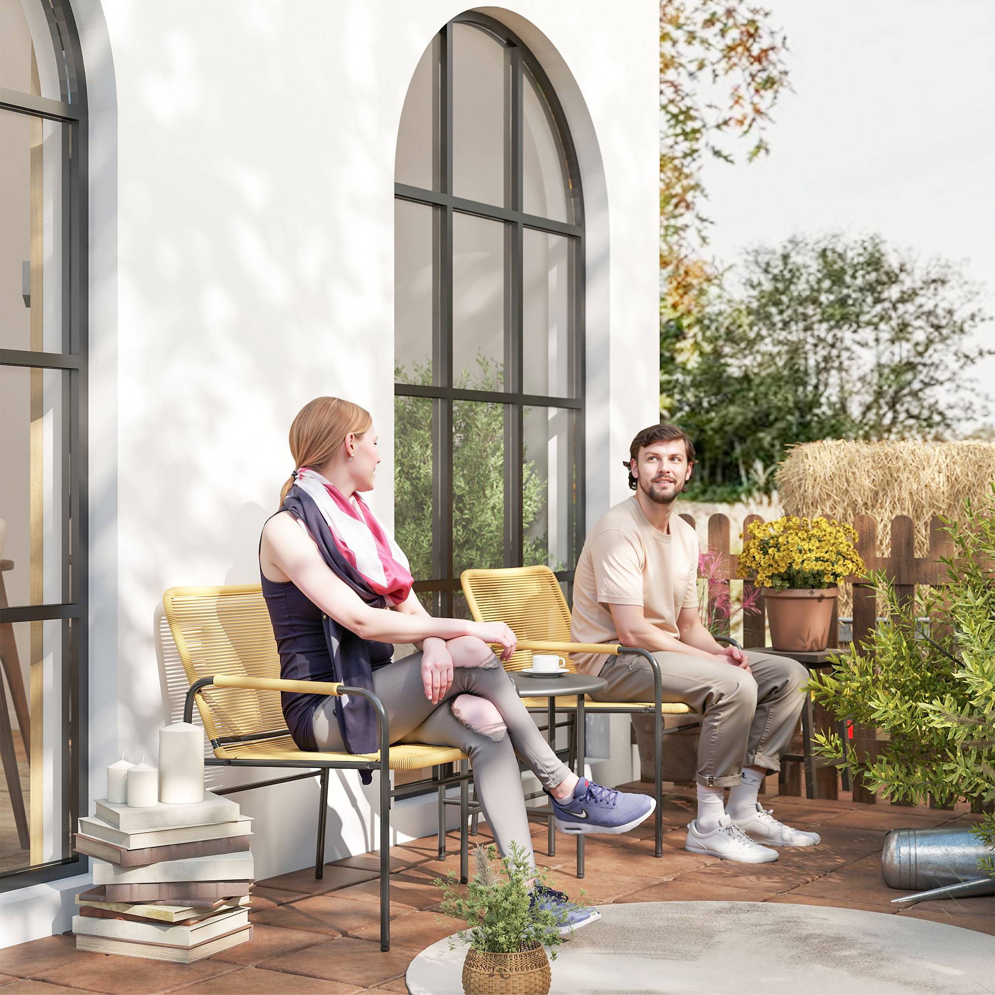 Ensemble bistro rotin 3 pièces : 2 fauteuils + table 54x66x76 cm, jaune, design jardin - Image 7