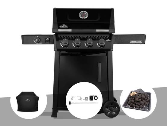 Napoleon - Barbecue gaz Freestyle 425 noir 4 brûleurs + 1 réchaud latéral + Housse de protection + Rôtissoire + Plateau charbon - Napoléon - Image 1