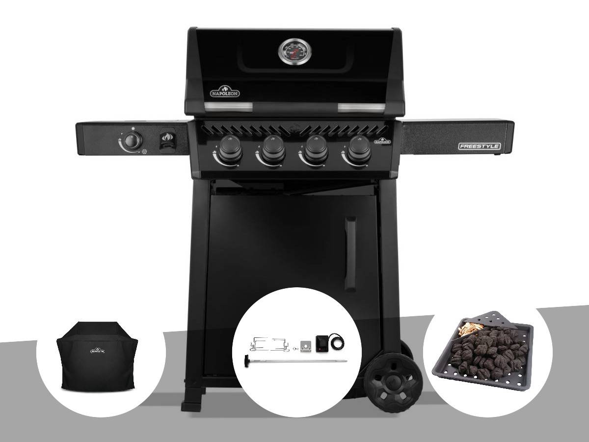 Napoleon - Barbecue gaz Freestyle 425 noir 4 brûleurs + 1 réchaud latéral + Housse de protection + Rôtissoire + Plateau charbon - Napoléon - Image 1