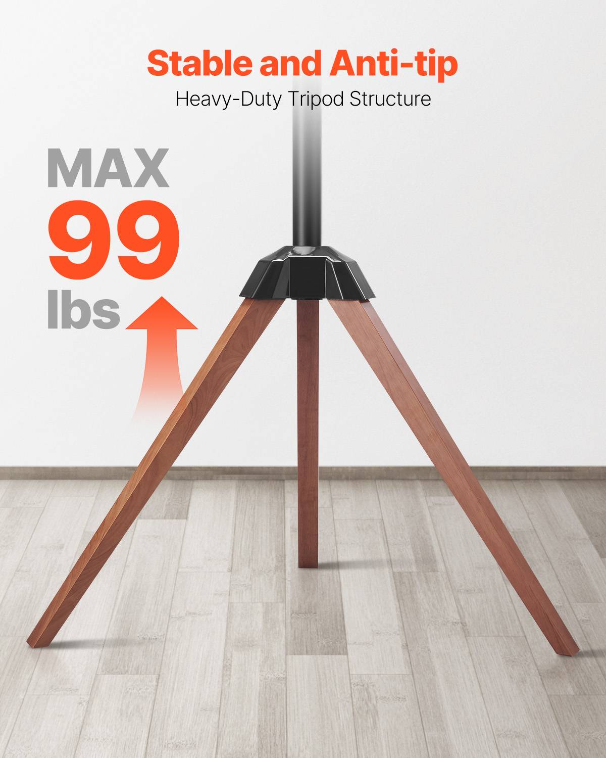 VEVOR Support TV trépied pour écrans 102-165cm, pieds chêne, charge 45kg, VESA 600x400mm, pour intérieur. - Image 3