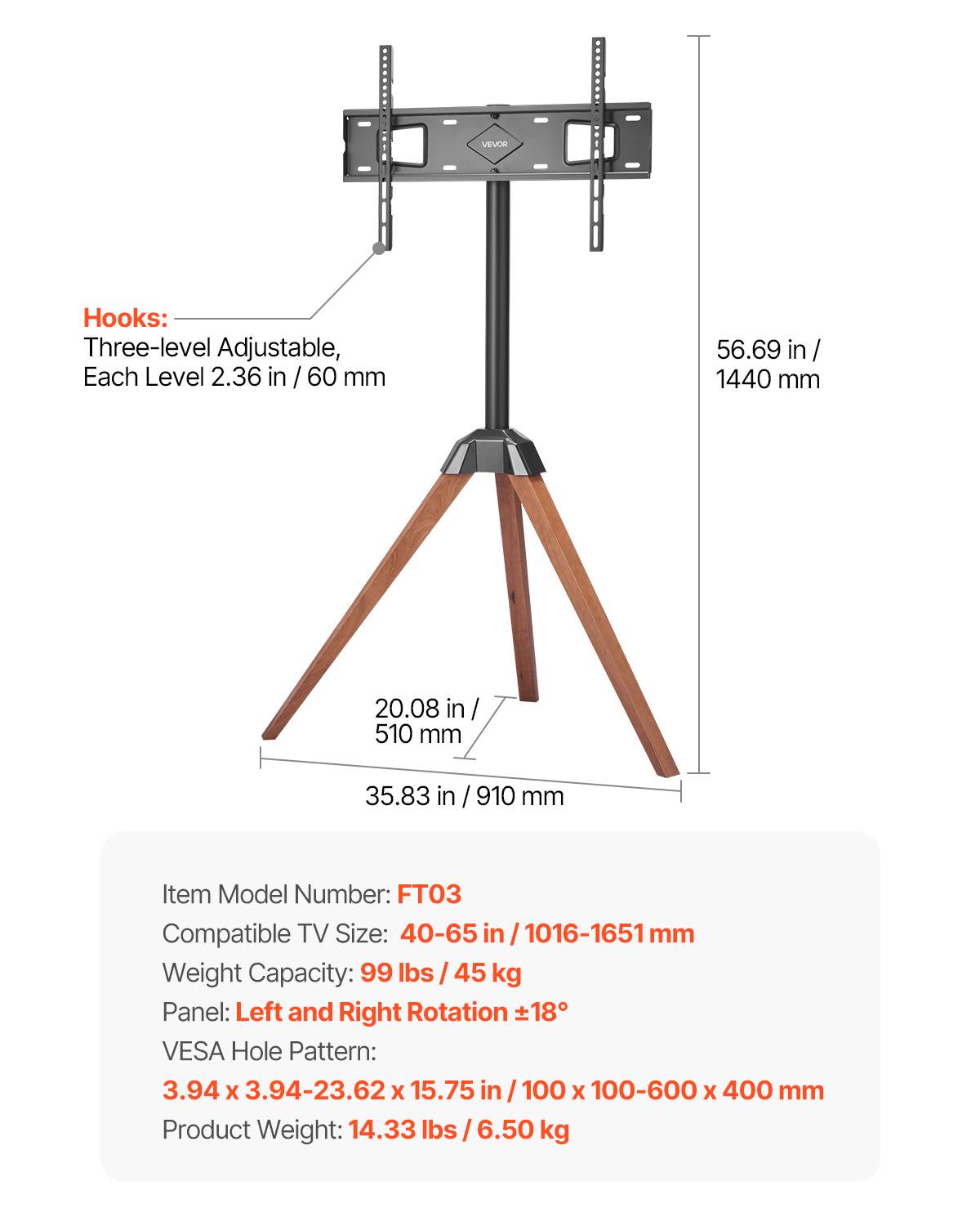VEVOR Support TV trépied pour écrans 102-165cm, pieds chêne, charge 45kg, VESA 600x400mm, pour intérieur. - Image 7