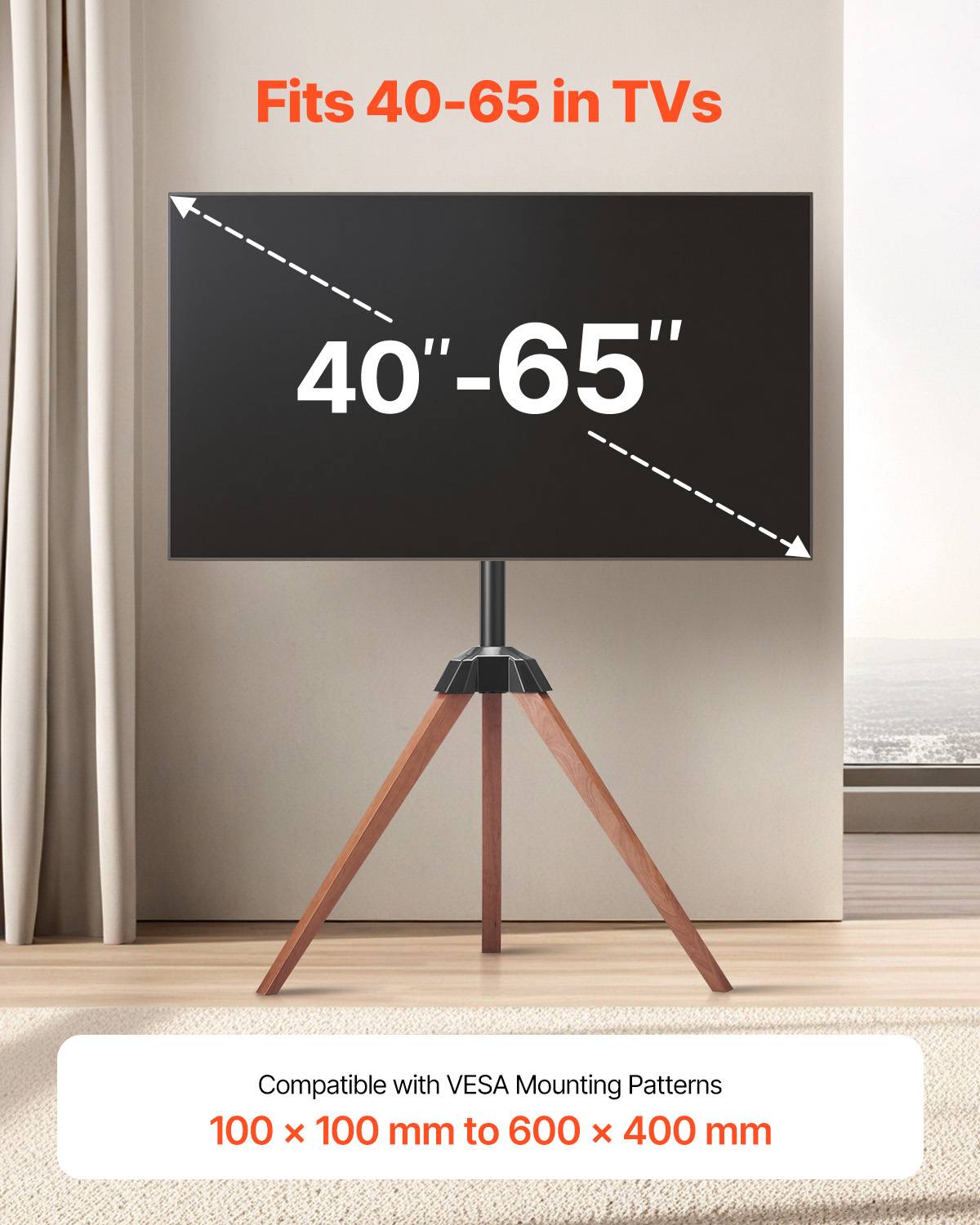 VEVOR Support TV trépied pour écrans 102-165cm, pieds chêne, charge 45kg, VESA 600x400mm, pour intérieur. - Image 2
